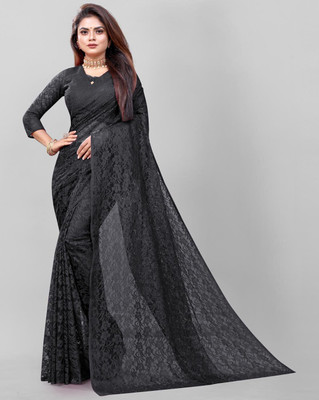 Suntex Floral Print Bollywood Net Saree(Black)