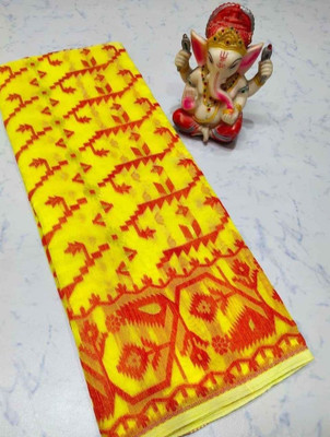 Soma Tant saree Mahal Self Design, Woven, Geometric Print Handloom Cotton Silk Saree(Yellow)
