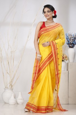 PuJoy Embellished, Self Design, Woven Tant Pure Cotton Saree(Yellow)