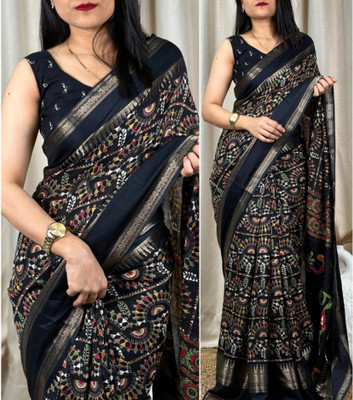 Sonika Fashions Printed Kalamkari Cotton Silk Saree(Black)