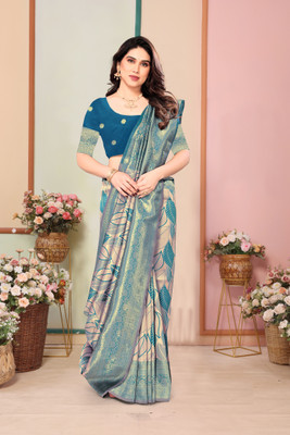 HouseOfCommon Woven, Self Design Kanjivaram Pure Silk, Silk Blend Saree(Pink, Light Blue)