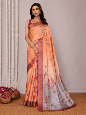 Janasya Printed, Floral Print Chanderi Silk Blend Saree(Beige)