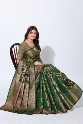 SHALIN CREATION Woven Banarasi Silk Blend Saree(Dark Green)