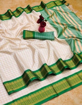 Rizanx Checkered, Embellished, Solid/Plain, Woven Bollywood Cotton Silk, Pure Silk Saree(Green, White)