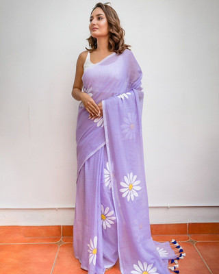 Laxmi Fashion Printed, Floral Print Assam Silk Jacquard, Cotton Silk Saree(Purple, White)