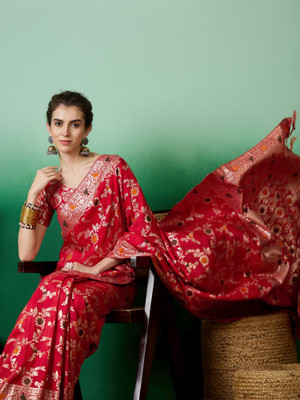 Sangria Woven Banarasi Jacquard Saree(Red)
