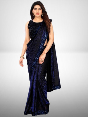 Amavii Floral Print Bollywood Lycra Blend Saree(Dark Blue)