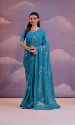 GRANTHI ENTERPRISE Self Design, Embroidered Bollywood Georgette Saree(Blue)