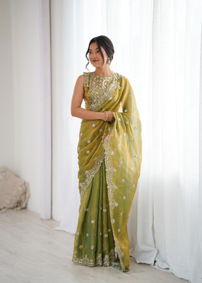 Sajavat Embroidered, Embellished, Woven Bollywood Chiffon Saree(Light Green)