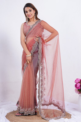 PEEYU Embellished Bollywood Satin Saree(Pink)