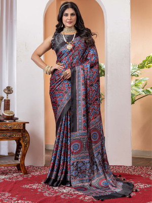 Tasrika Printed Hand Batik Crepe Saree(Black)