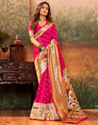 Satrani Woven, Self Design Banarasi Pure Silk, Silk Blend Saree(Pink, Multicolor)