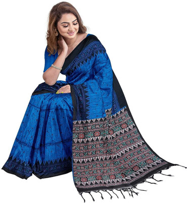TITHISAREES Printed Sambalpuri Cotton Blend Saree(Blue)