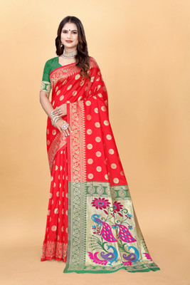 DHAYNAAND REEWA FASHION Woven Banarasi Jacquard Saree(Red)