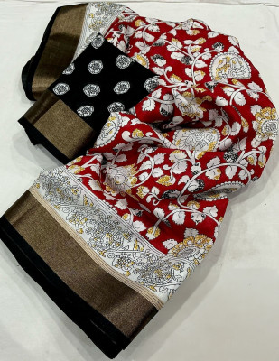 Ambaji enterprise Printed Bollywood Cotton Blend Saree(Black, Red)