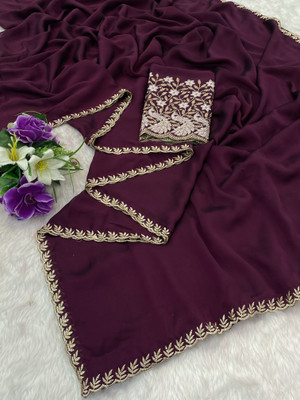 K 5 FASHION Embroidered, Solid/Plain Bollywood Georgette Saree(Brown)