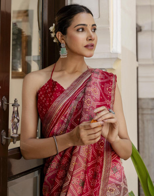 Anmi Printed Bandhani Chiffon, Georgette Saree(Red, Pink)