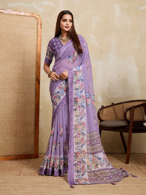 RekhaManiyar Printed Saree with Attached Blouse Georgette Saree(Purple)