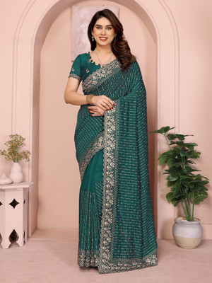 LeeliPeeri Designer Embroidered Bollywood Silk Blend Saree(Green)
