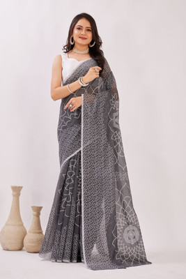 PIYA DESIGNER Floral Print, Hand Painted Bandhani Chanderi, Cotton Blend Saree(Grey)