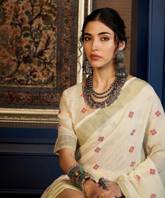 Urbanari Woven, Self Design Banarasi Cotton Silk, Chanderi Saree(White)