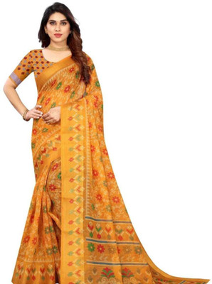 Aaradhana Floral Print Assam Silk Cotton Blend Saree(Black)