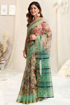 MIRCHI FASHION Printed, Floral Print Kota Doria Polyester Saree(Light Green, Orange)