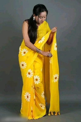 HouseOfCommon Printed Handloom Cotton Blend Saree(Yellow)