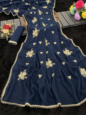 Adiyogi Enterprise Embroidered, Floral Print Bollywood Georgette Saree(Dark Blue)