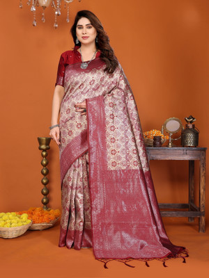AVANTIKA FASHION Woven Kanjivaram Pure Silk, Art Silk Saree(Cream, Red)