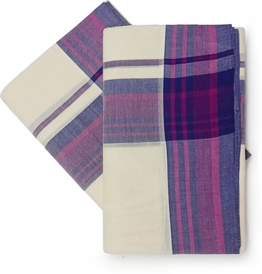 Chithra Fabrics Solid/Plain Mundum Neriyathum Pure Cotton Saree(Blue, Pink)