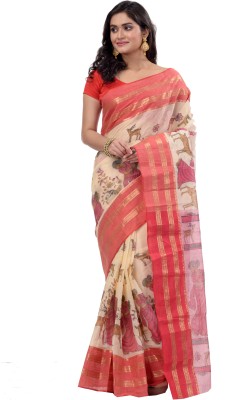 DipDiya Self Design, Hand Painted, Woven Tant Pure Cotton Saree(Red, White)