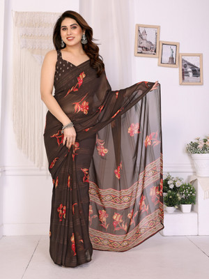Karnav Fashion Floral Print, Self Design, Striped Bollywood Chiffon, Georgette Saree(Brown)