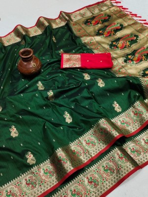 Bansari Textiles Self Design Banarasi Art Silk Saree(Dark Green)