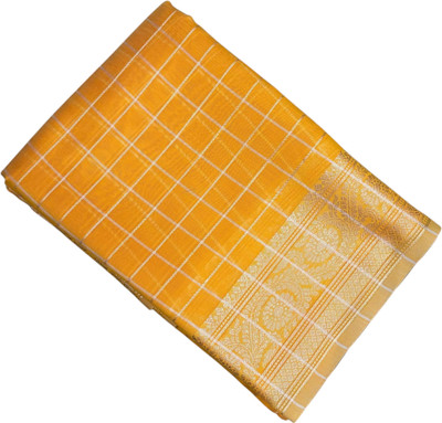Z A FABRICS Checkered Chanderi Cotton Blend Saree(Yellow)