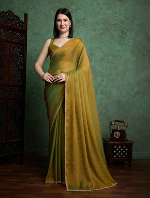 G GAJAL INTERNATIONAL Solid/Plain Bollywood Chiffon Saree(Gold)