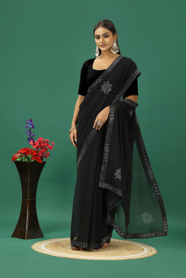 MAHARAJ SAREES Solid/Plain, Embellished Bollywood Georgette Saree(Black)