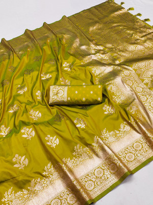 VISVASTA Woven, Printed, Embellished Banarasi Jacquard, Silk Blend Saree(Light Green)