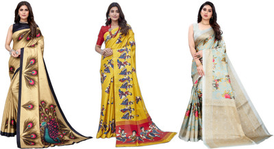 YASHIKA Printed Bhagalpuri Art Silk Saree(Pack of 3, Gold, Yellow, Light Blue)