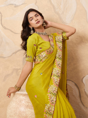 sareya veela Embroidered, Floral Print, Embellished, Woven Bollywood Organza, Tissue Saree(Yellow)