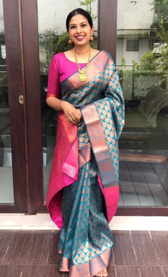 Rudr Ventures Embroidered Banarasi Cotton Silk Saree(Blue)