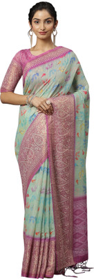 Akhilam Printed Banarasi Silk Blend Saree(Light Green)