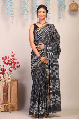 Anuttara Blocked Printed Bhagalpuri Cotton Silk Saree(Black)