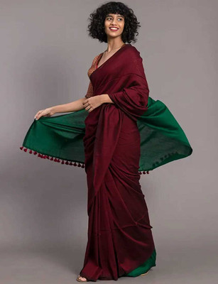 HouseOfCommon Color Block Handloom Cotton Silk Saree(Dark Green)