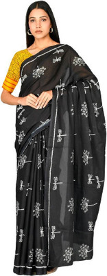 Tropwear Printed Ikkat Pure Cotton Saree(Black)