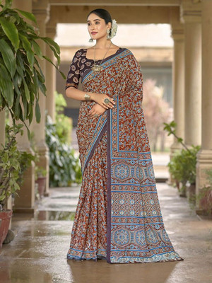 all about you Printed Daily Wear Cotton Blend Saree(Mustard)