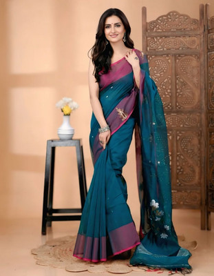 Sutayan Woven Handloom Cotton Silk Saree(Blue, Purple)