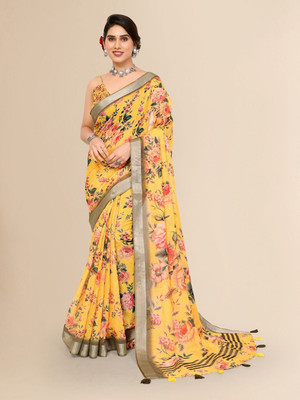 Moda Rapido Printed Bollywood Linen Saree(Yellow)