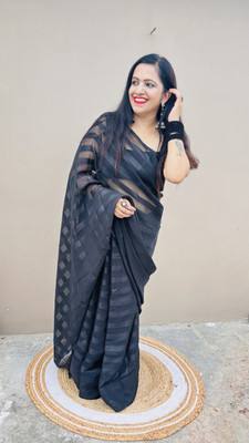Moda Rapido Embellished, Striped Bollywood Satin Saree(Black)