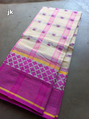 Maasaree Checkered, Self Design Tant Pure Cotton Saree(Cream)